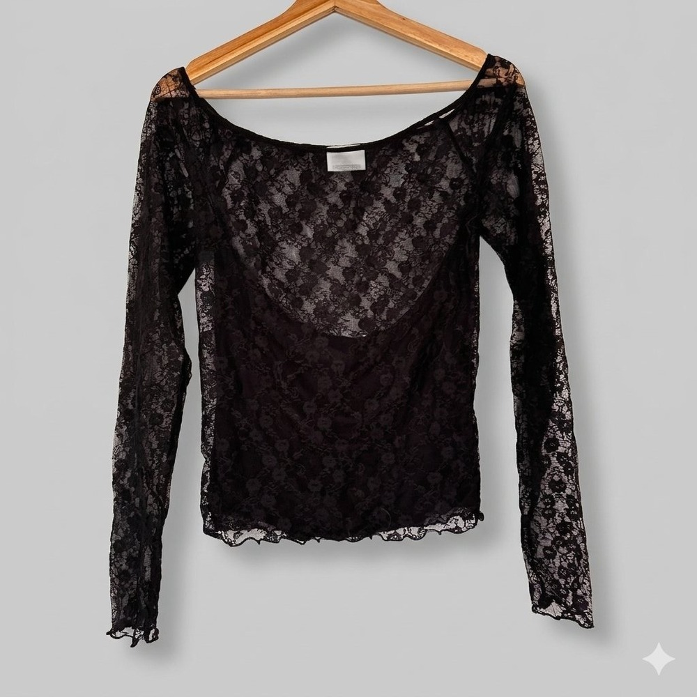 Black Lace Long Sleeve Top Coquette Whimsigoth 90s Grunge Sheer Mesh Gothcore L